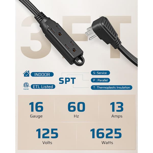 3 ft. 16/3 Awg Indoor Extension Cord with 3-Prong 3 Outlets and SPT-3 Cord, Black, 2 Pack