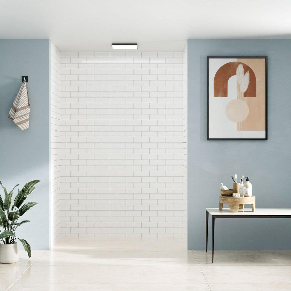 32 in. L x 60 in. W x 96 in. H Solid Surface 3-Piece Glue Up Alcove Shower Wall Surround in Glossy White Bricks price history on PriceWatchPro