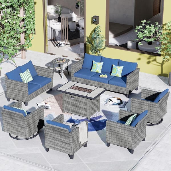 OVIOS New Star Gray 8-Piece Wicker Patio Rectangle Fire Pit Conversation Seating Set with Blue Cushions and Swivel Chairs