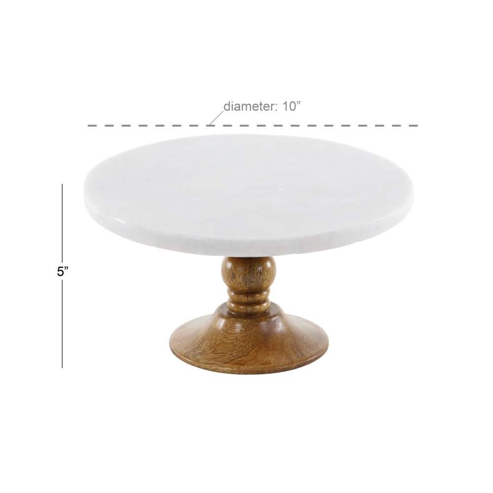 White Marble and Brown Wood Cake Stand, 10" x 5"