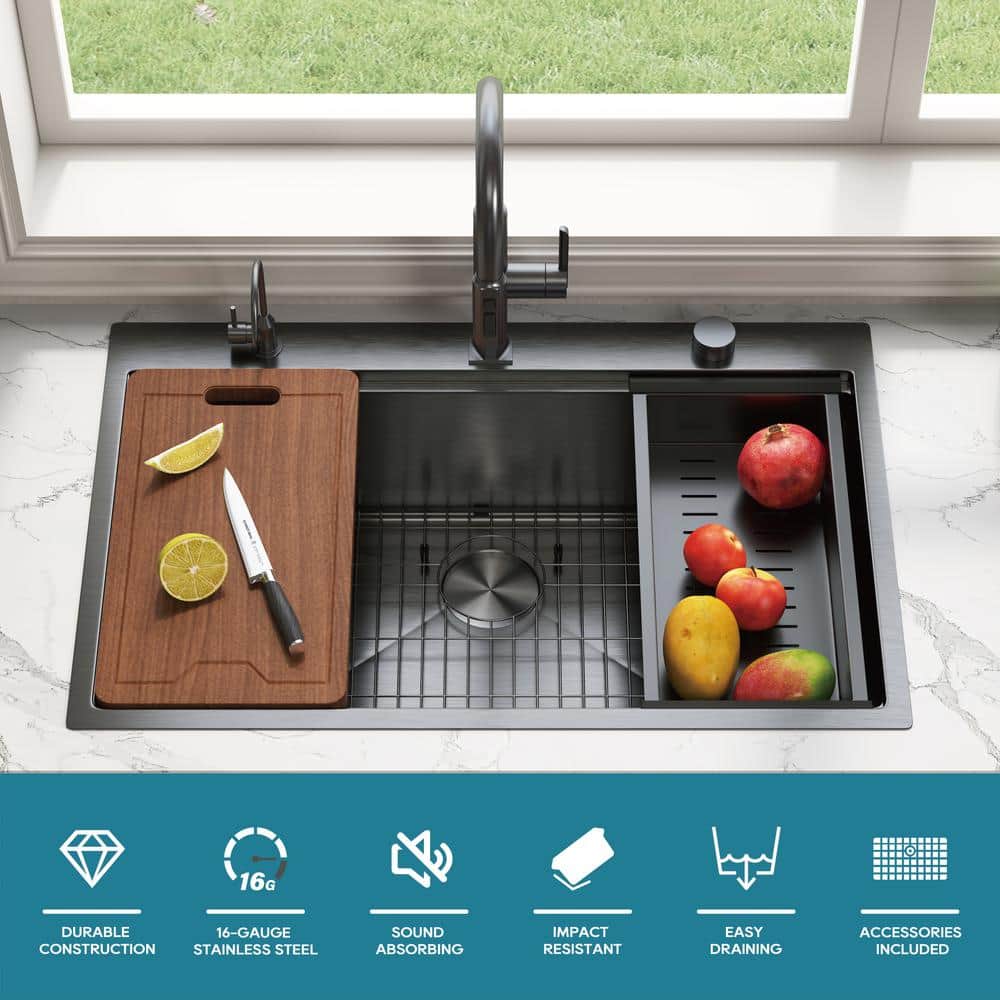 33" Gunmetal Black Stainless Steel Single Bowl Drop-In Workstation Sink