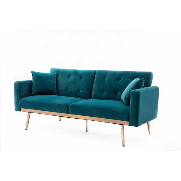 Spaco 63.7 in. Teal Velvet Upholstered Twin Sofa Bed with Rose Gold Metal Feet