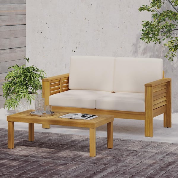 Unbranded 2 Pieces Acacia Wood Patio Conversation Set, Loveseat and Coffee Table Set with Cream Cushions