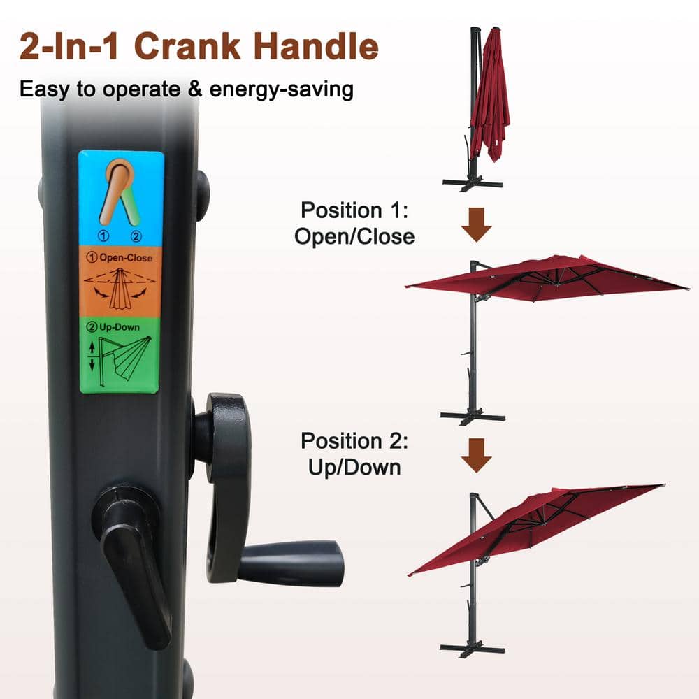 10 ft Red Square Aluminum Cantilever Patio Umbrella with Bluetooth LED Light