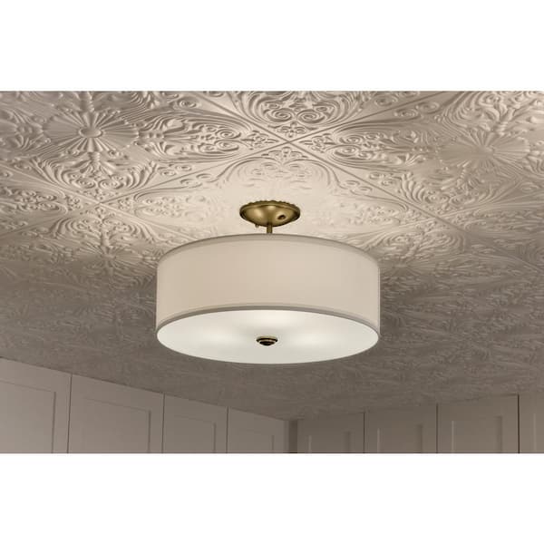 KICHLER Shailene 18 in. 3-Light Natural Brass Round Hallway Transitional Semi-Flush Mount Ceiling Light with Microfiber Shade