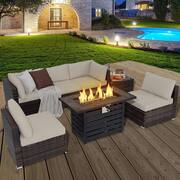 7-Pieces Patio Rattan Furniture Set 42 in. Fire Pit Table with Cover Cushioned Off White