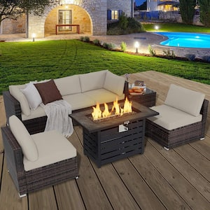 7-Pieces Patio Rattan Furniture Set 42 in. Fire Pit Table with Cover Cushioned Off White