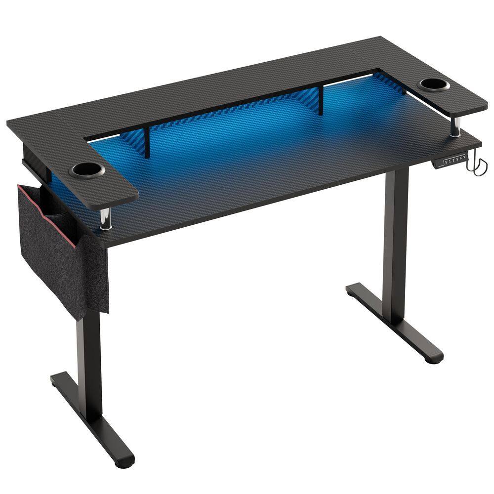 58 in. Rectangular Black Carbon Fiber Wood Sit to Stand Desk with Monitor Stand, Computer Desk with Storage Drawer