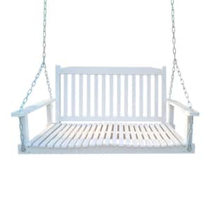 White Solid Wood Front Porch Swing with Armrests, Wood Bench Swing with Hanging Chains for Patio, Garden Yard, Porch