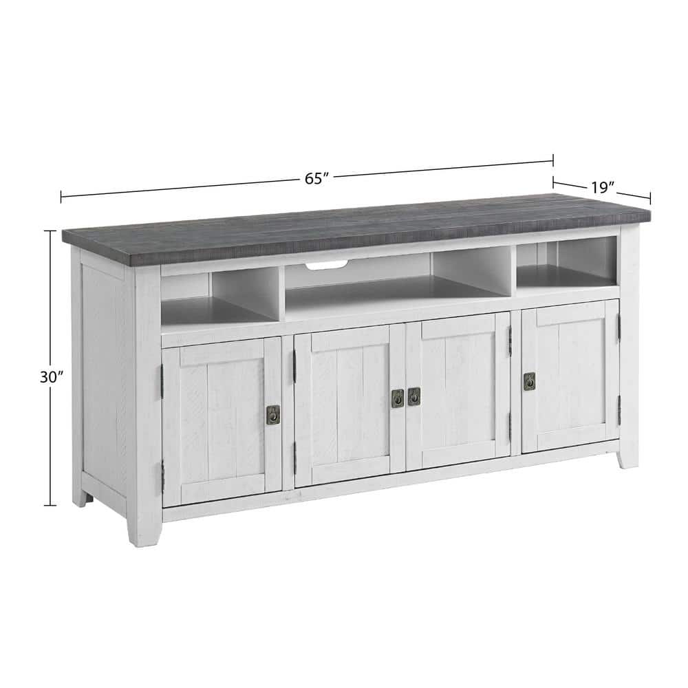 Rustic Farmhouse 65" Solid Pine TV Stand with Cabinet, White Stain and Grey