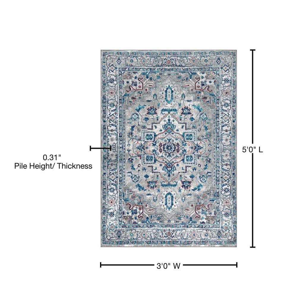 Modern Persian Medallion Light Grey/Blue Synthetic Area Rug