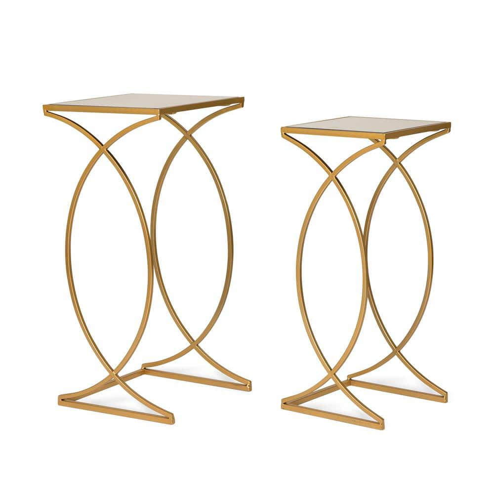 Gold Metal and Glass Square Nesting Tables, Set of 2