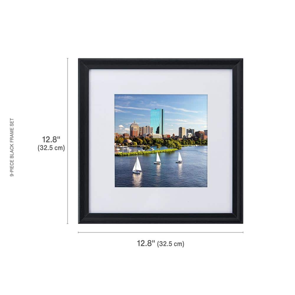 Set of Nine Black Matte Wood Wall-Mounted Photo Frames