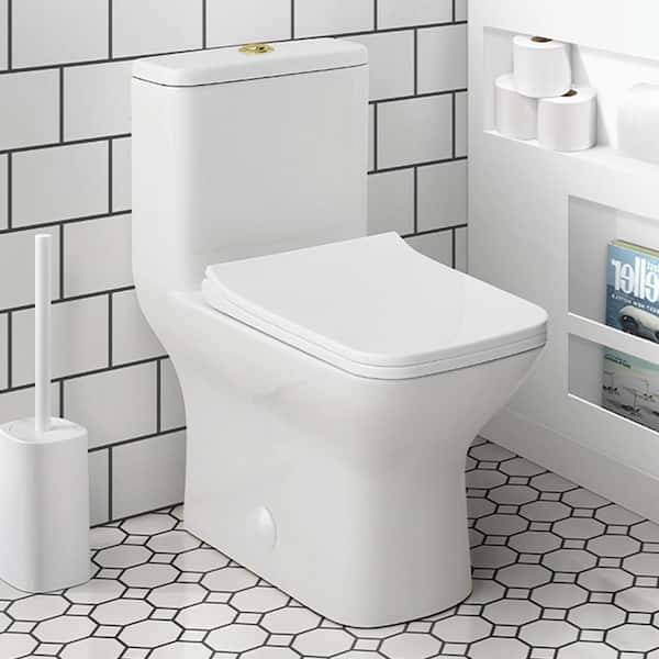 Swiss Madison Carre 1-piece 1.1/1.6 GPF Dual Flush Square Toilet in Glossy White with Brushed Gold Hardware Seat Included