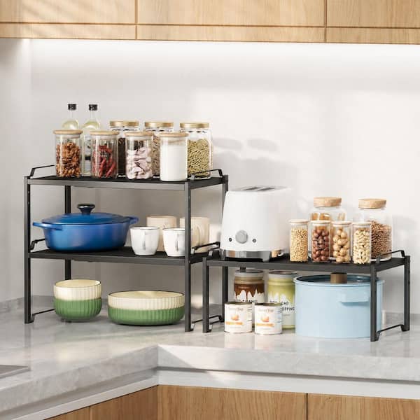 Black 11” Width Metal Expandable  Kitchen Cabinet Organizer Shelf with Adjustable Length Height Stackable Design 2 Pack