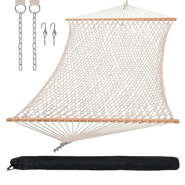 13 ft. Beige Traditional Rope Double Ha mmock Bed with Hardwood Spreader Bar and Carrying Bag, 450 lb. Weight Capacity