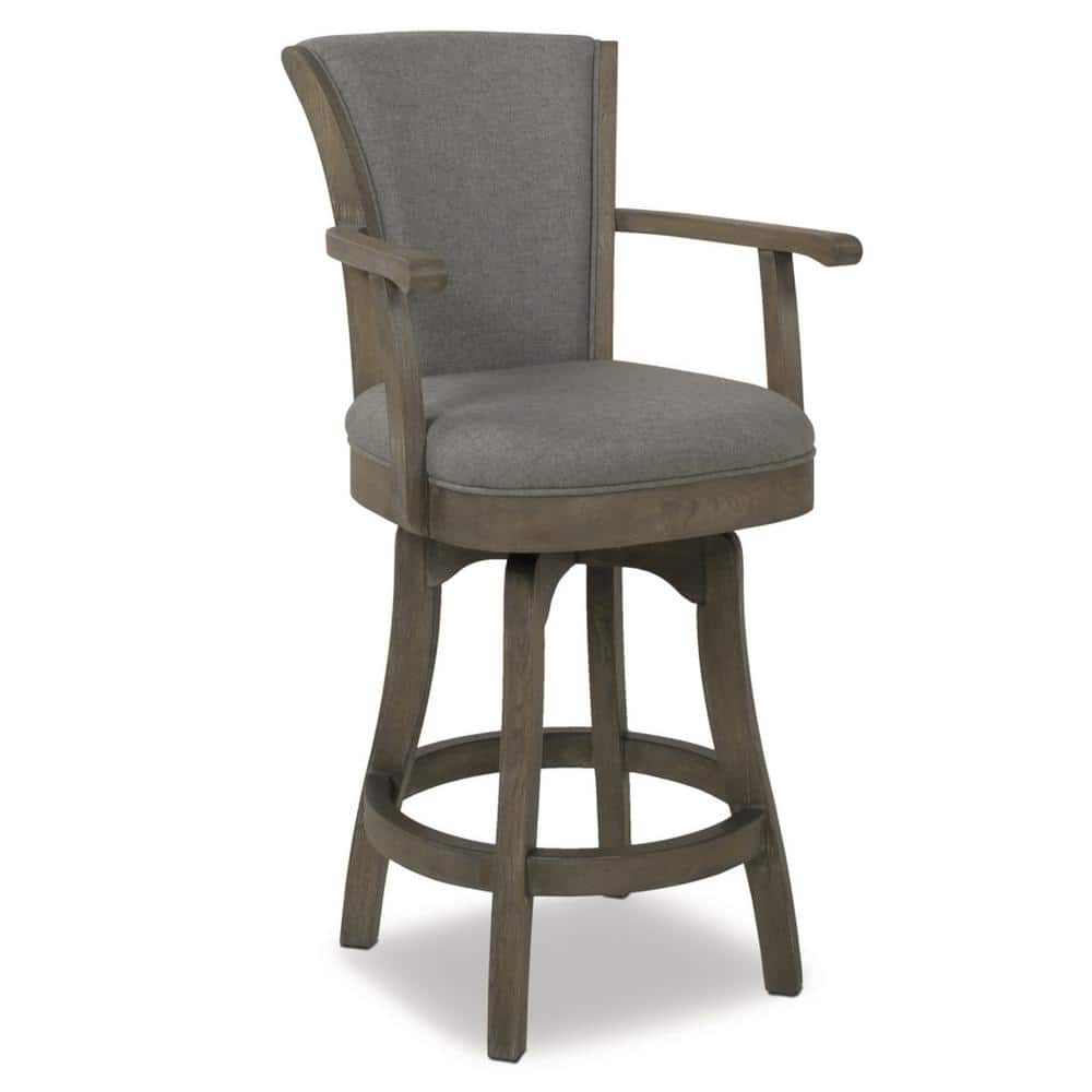 Vintage Chic Gray Leather & Oak Swivel Bar Stool with Brass Accents