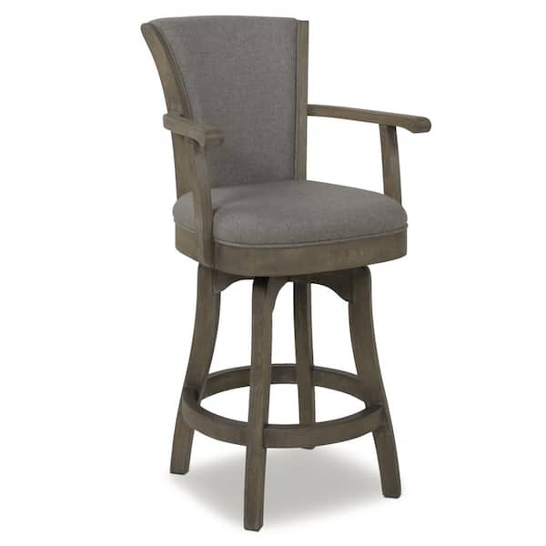 Jennifer Taylor Williams 27 in. Gray Linen Modern Rustic High Back Swivel Kitchen Counter Height Bar Stool with Armrests and Wood Frame