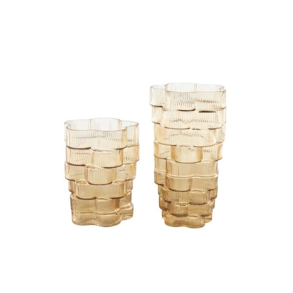 Litton Lane Brown Ribbed Stacked Flower Glass Decorative Vase (Set of 2)