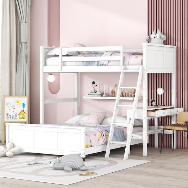 Polibi White Twin Over Full Bunk Bed with Desk