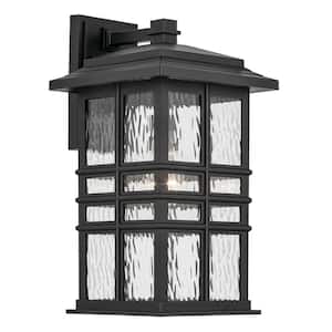 Beacon Square 17.5 in. 1-Light Textured Black Outdoor Hardwired Wall Lantern Sconce with No Bulbs Included (1-Pack)