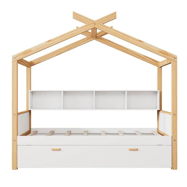 White Wood Frame Twin Size Platform Bed with Two Drawers and Bookshelf Storage Space