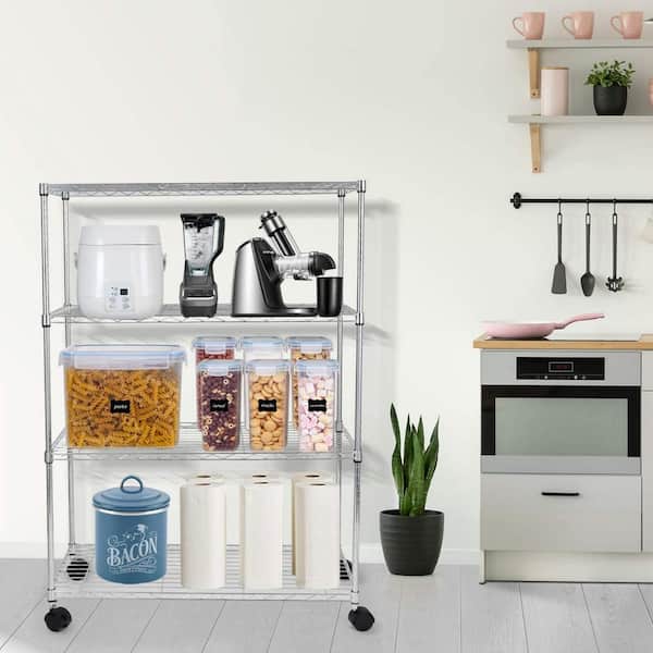 Heavy Duty 4-Shelf Shelving Unit with Wheel and Adjustable Feet for Garage, Supermarket, Warehouse, Chrome