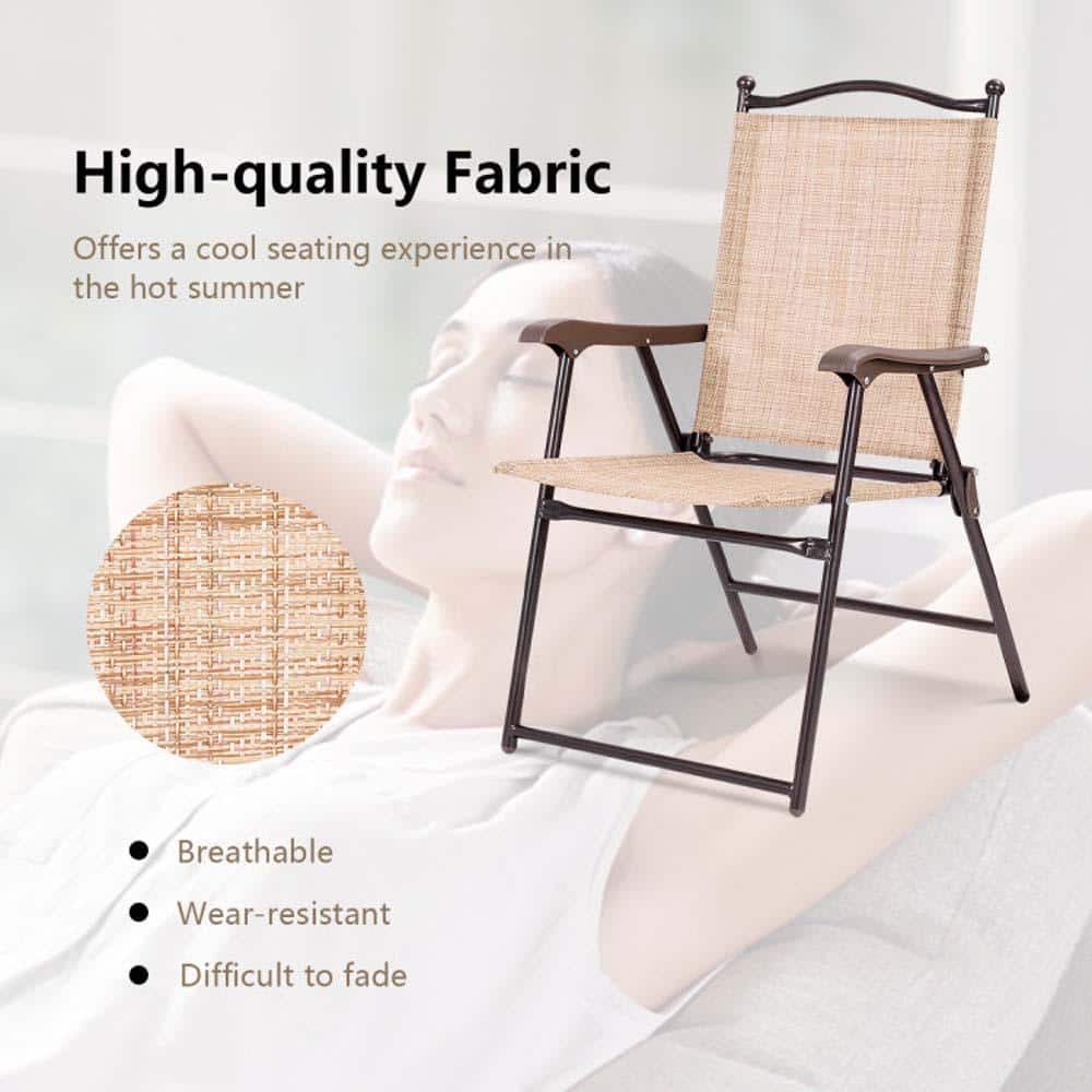 Beige Steel Frame Folding Outdoor Sling Chairs, Set of 2