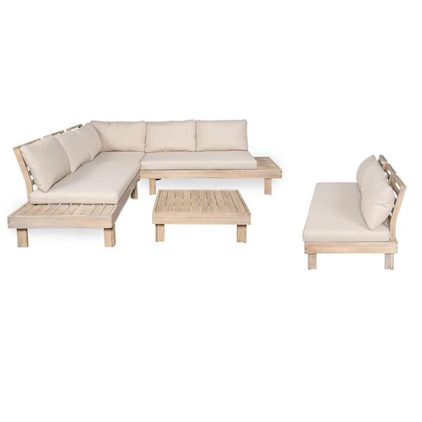 Zebulon Outdoor 5-Piece Light White Finish Solid Wood Patio Conversation Set with Sand Cushions, Coffee Table