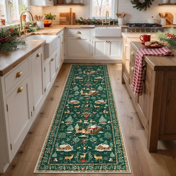 2 ft. x 8 ft. Green Holiday Woodland Washable Runner Rug