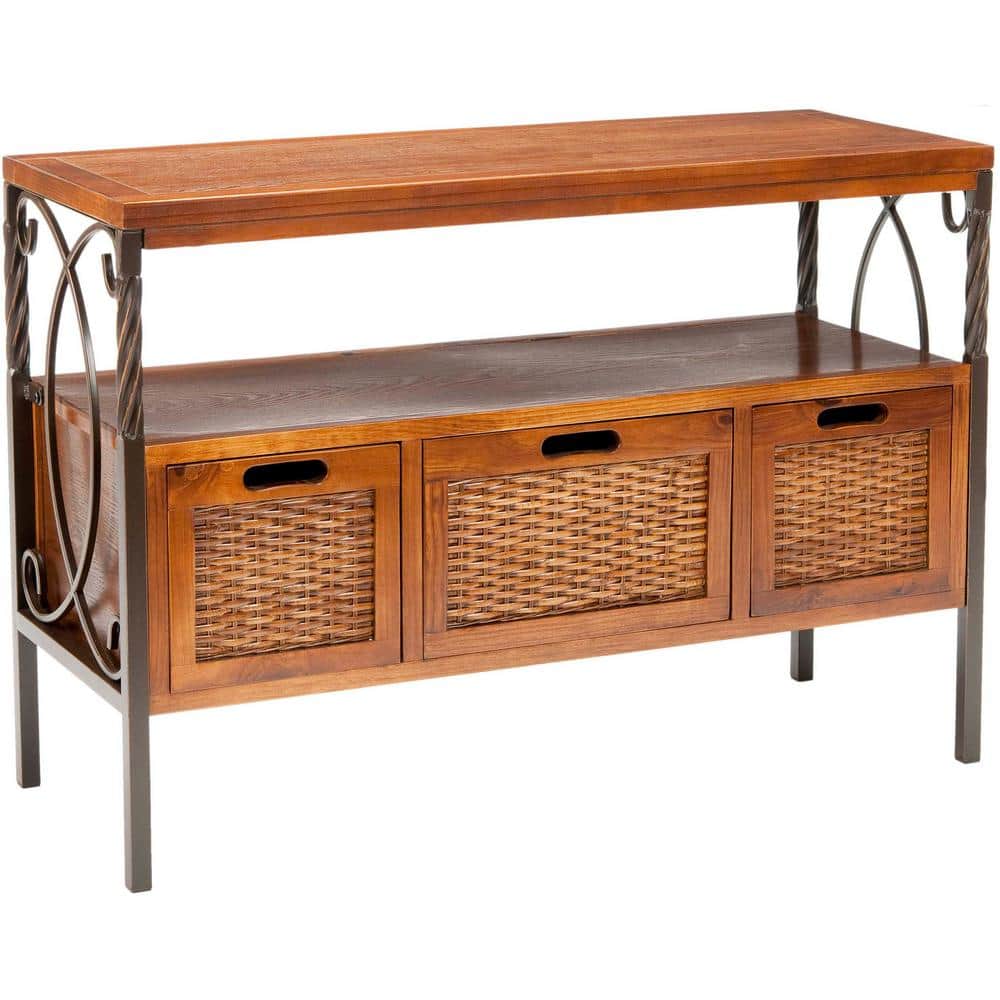 Transitional Joshua 3-Drawer White Media Console with Wicker Accents
