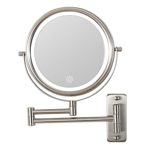 JimsMaison 8.7 in. W x 12 in. Small Round Magnifying LED Light Wall Mounted Bathroom Makeup Mirror in Nickel JMLSBM05SVX - The Home Depot