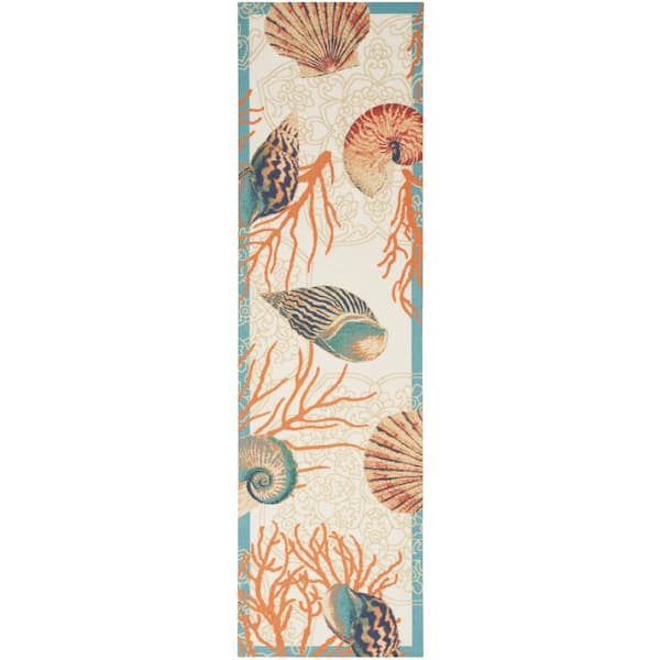 Waverly Sun N' Shade Ivory/Multi 2 ft. x 8 ft. Floral Geometric Contemporary Indoor/Outdoor Kitchen Runner Area Rug