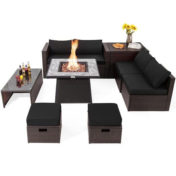 HONEY JOY 35 in. 9-Piece Wicker Patio Fire Pit Set Space-Saving Sectional Sofa Set with Storage Box and Black Cushions