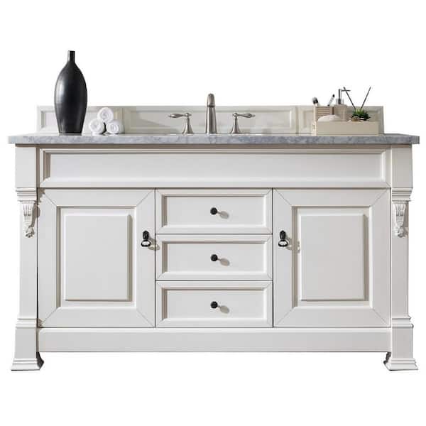 James Martin Vanities Brookfield 60 in. W x 23.5 in. D x 34.3 in. H Single Bathroom Vanity in Bright White with Marble Top in Carrara White