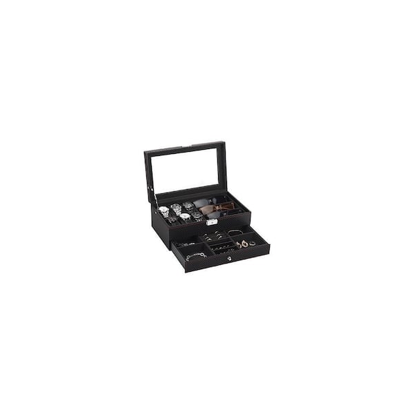 Watch Box, Leather With Glass Lid, Black SMCZ45JCVQ - The Home Depot