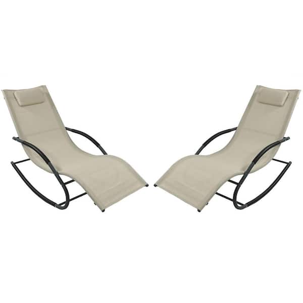 Sunnydaze Beige Rocking Wave Sling Outdoor Lounge Chair with Pillow (Set of 2)
