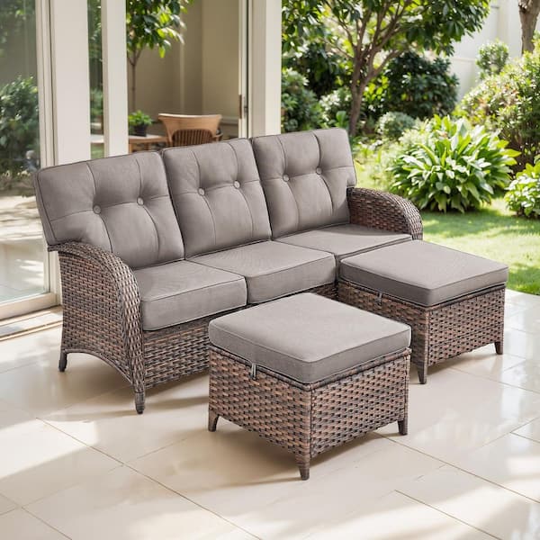 TWrap 3-Piece Brown Wicker Outdoor 3-Seat Couch with T-Shaped Back and 5 in. Thick Gray Cushions and ottomans