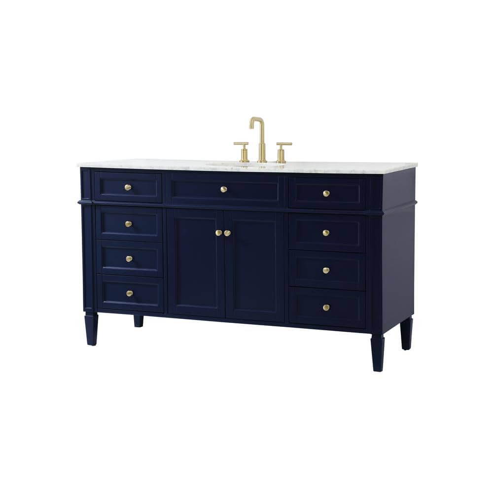 Blue Solid Wood MDF Marble Single Bathroom Vanity with Brushed Gold Hardware