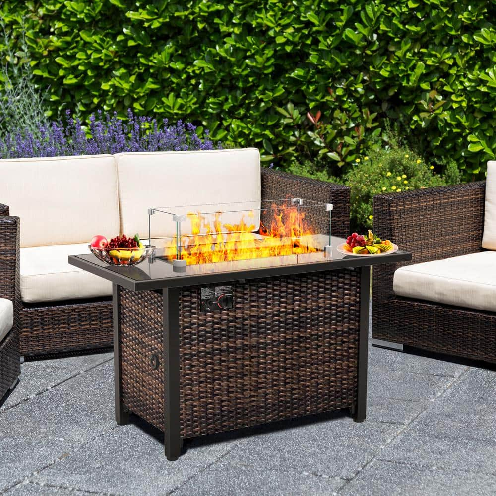 Cesicia 43 in. 50,000 BTU Wicker Propane Fire Pit Table, Gas Fire Table for Outside Patio with Guard Glass Y-ww-edS42 - The Home Depot