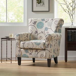 White and Blue Floral Fabric Arm Chair with Tapered Birch Wood Legs