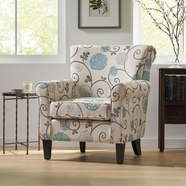 White and Blue Floral Fabric Arm Chair with Tapered Birch Wood Legs