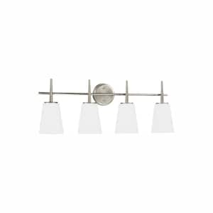 Driscoll 30 in. 4-Light Contemporary Modern Brushed Nickel Wall Bathroom Vanity Light with White Glass and LED Bulbs
