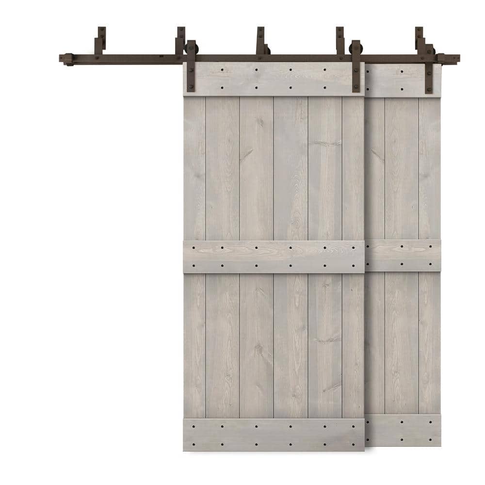 68 in. x 84 in. Mid-Bar Bypass Silver Gray Stained DIY Solid Wood Interior Double Sliding Barn Door with Hardware Kit price history on PriceWatchPro