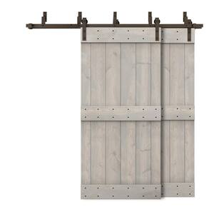 80 in. x 84 in. Mid-Bar Bypass Silver Gray Stained DIY Solid Wood Interior Double Sliding Barn Door with Hardware Kit