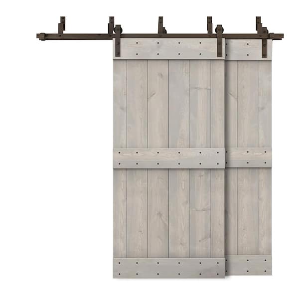 CALHOME 84 in. x 84 in. Mid-Bar Bypass Silver Gray Stained DIY Solid Wood Interior Double Sliding Barn Door with Hardware Kit