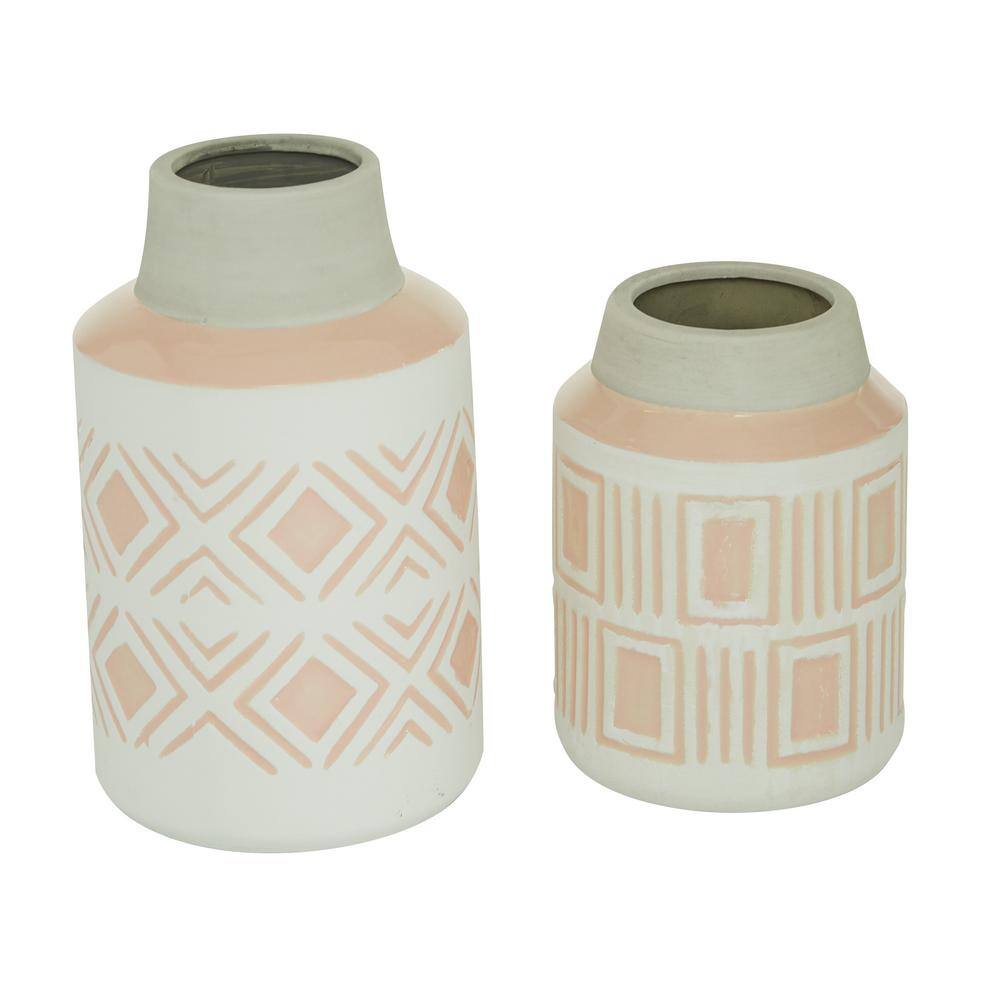 Set of 2 Pink and White Ceramic Geometric Decorative Vases