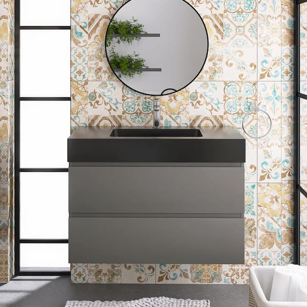JimsMaison 36 in. W x 18 in. D x 25 in. H Single Sink Wall Mounted Bath Vanity in Space Grey with Black Quartz Sand Top