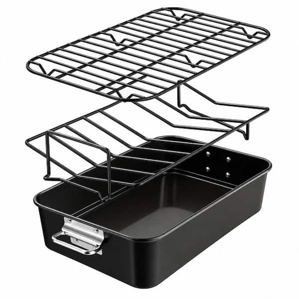 Non‑Stick 9.47 qt. Black Carbon Steel, Oven‑Safe Deep Roasting Pan, Grill Pan with Racks for Thanksgiving Holiday Meals