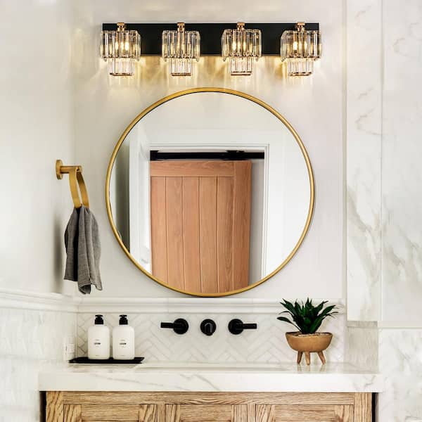 Schonbek 32.09 in. 4-Light 2-Tier Modern Black and Gold Dimmable Bathroom Vanity Light with Crystal Shades